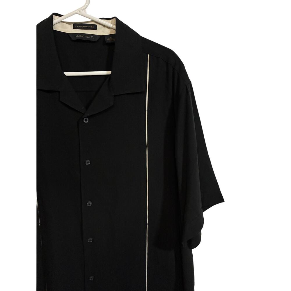 AXIST Washable Silk Black Camp Shirt Bowling Button Front Short Sleeve XL Silk